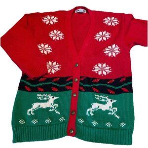 VTG Jennifer Moore Christmas Cardigan Sweater Size L Colorful Patchwork Beaded